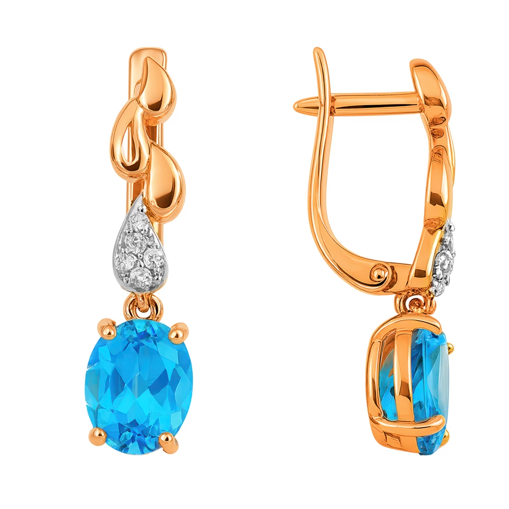 Серьги с топазами и фианитами из красного золота 585 пробы