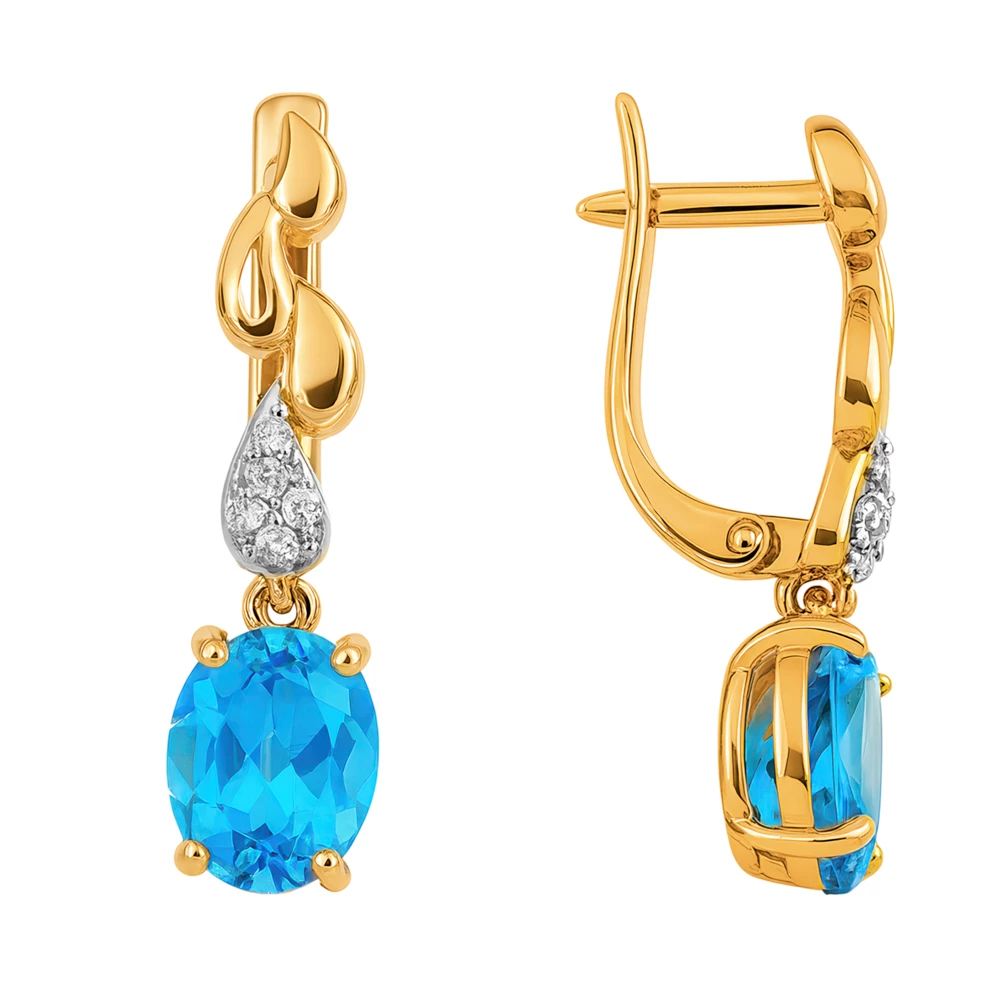 Серьги с топазами и фианитами из красного золота 585 пробы