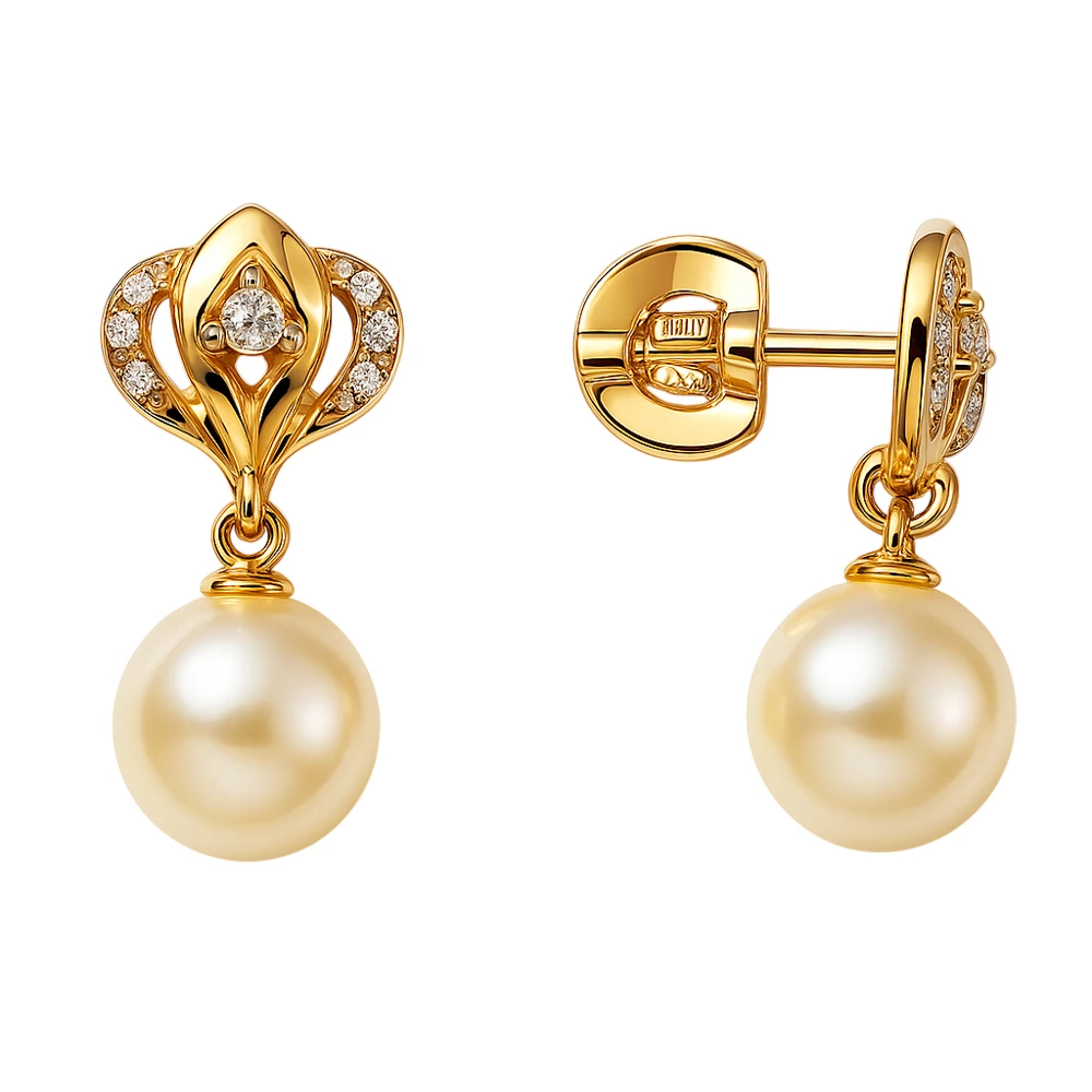 Серьги с культивированным жемчугом и фианитами из красного золота 585 пробы Серьги с культивированным жемчугом и фианитами из красного золота 585 пробы