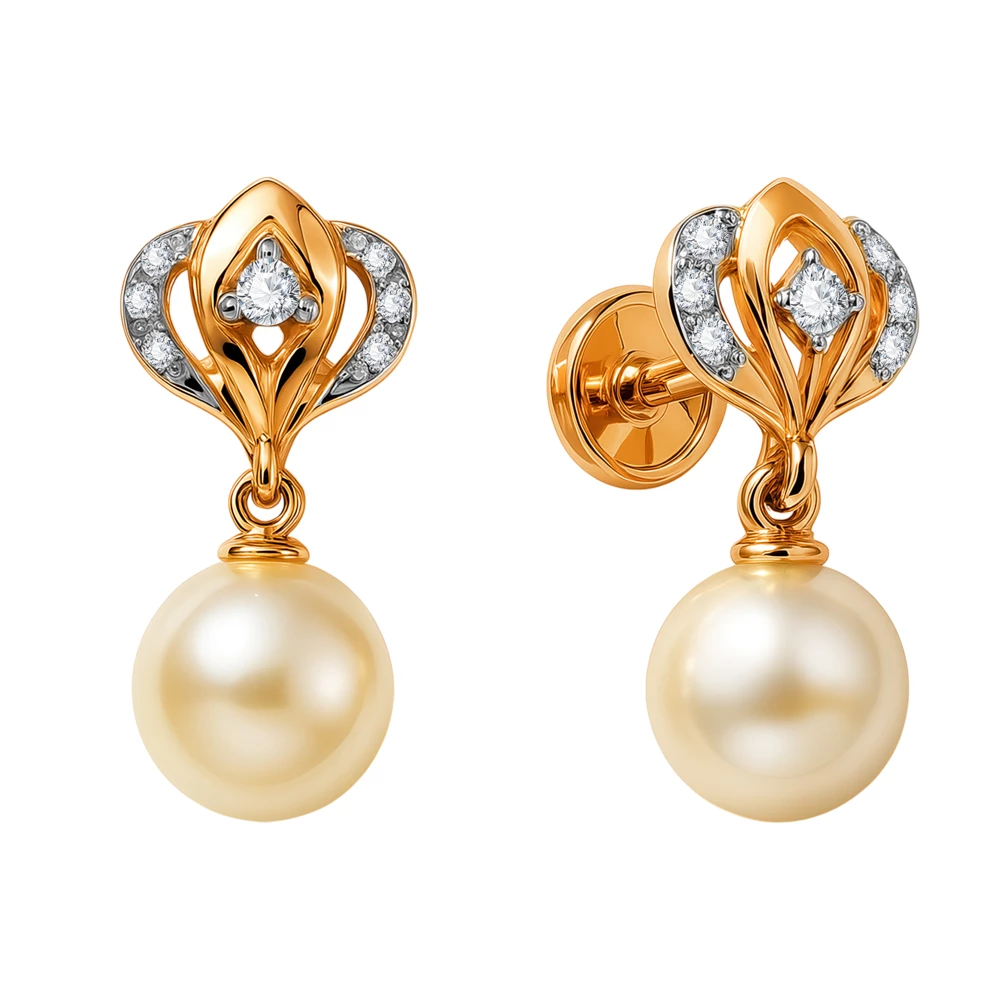 Серьги с культивированным жемчугом и фианитами из красного золота 585 пробы