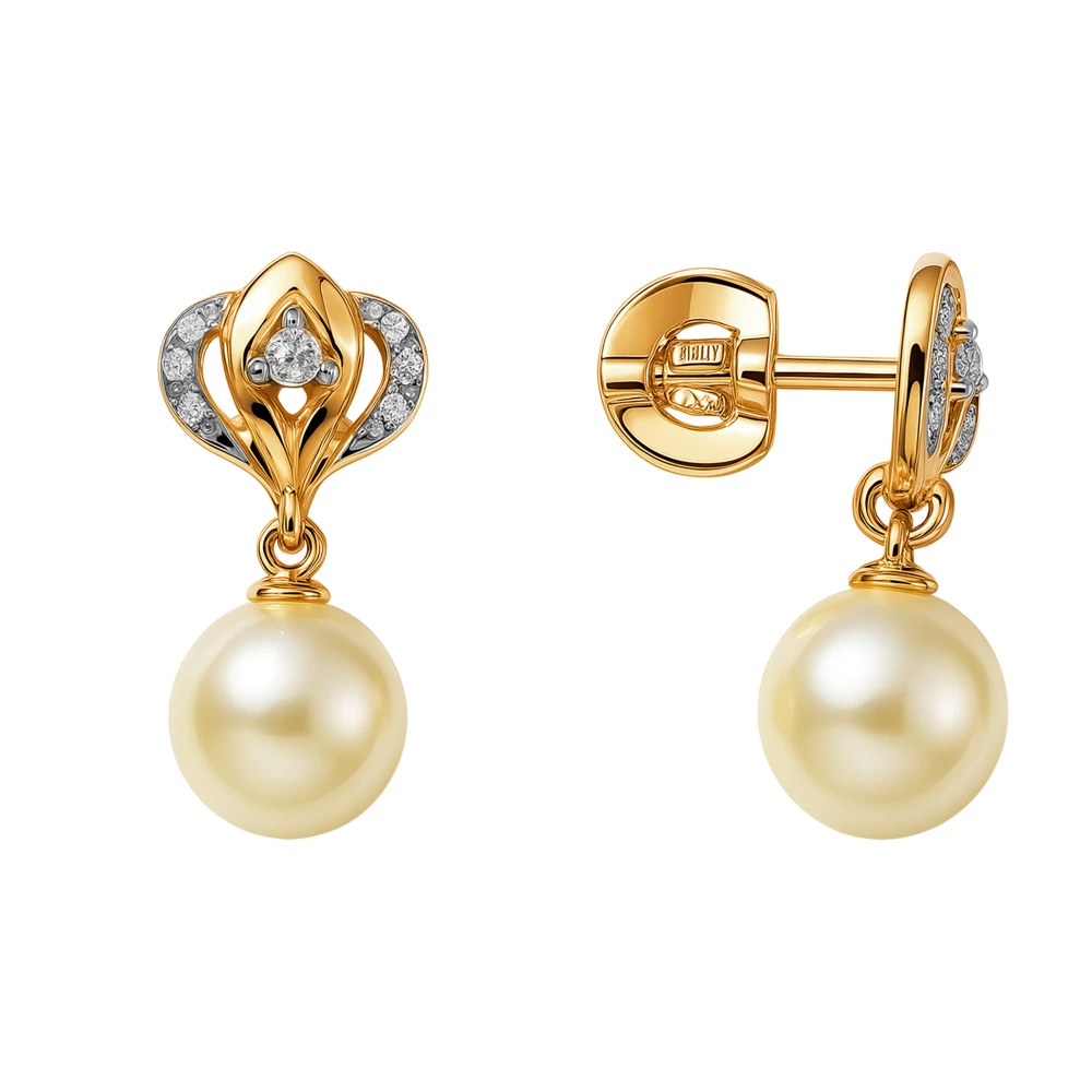 Серьги с культивированным жемчугом и фианитами из красного золота 585 пробы