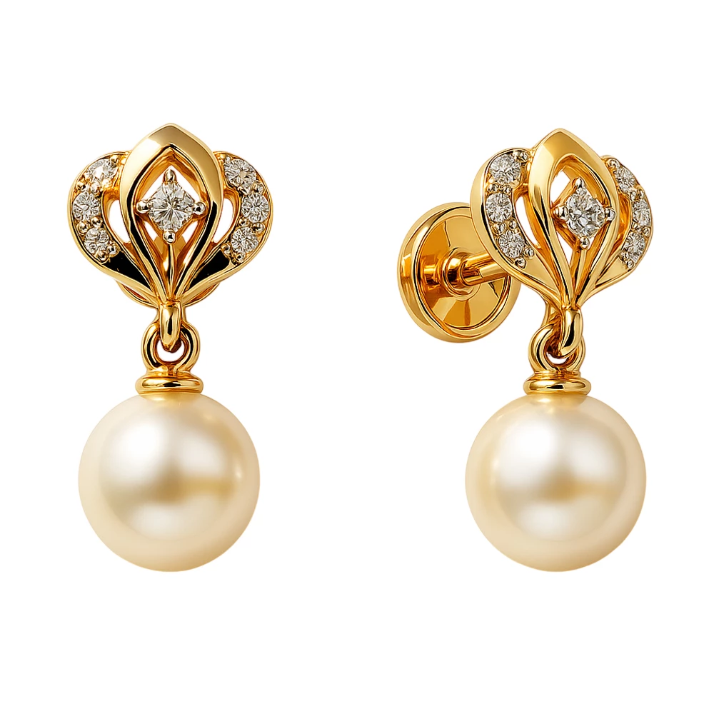 Серьги с культивированным жемчугом и фианитами из красного золота 585 пробы Серьги с культивированным жемчугом и фианитами из красного золота 585 пробы