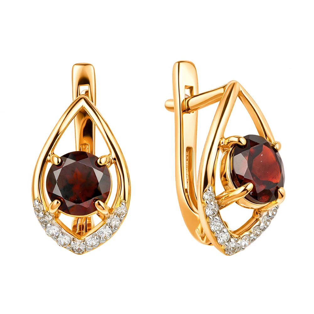 Серьги с гранатами и бриллиантами из красного золота 585 пробы