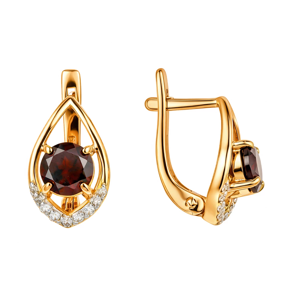 Серьги с гранатами и бриллиантами из красного золота 585 пробы