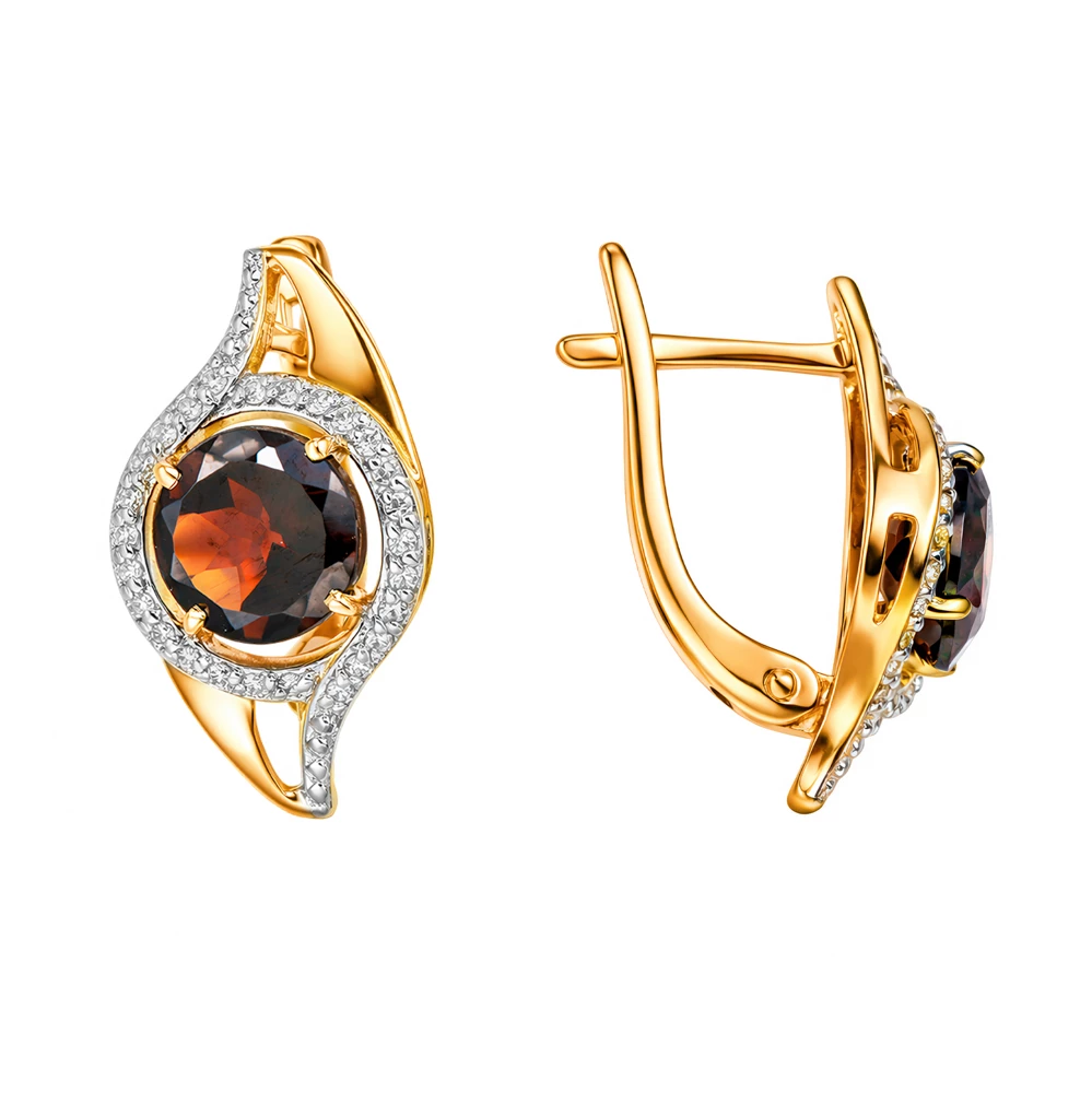 Серьги с гранатами и бриллиантами из красного золота 585 пробы