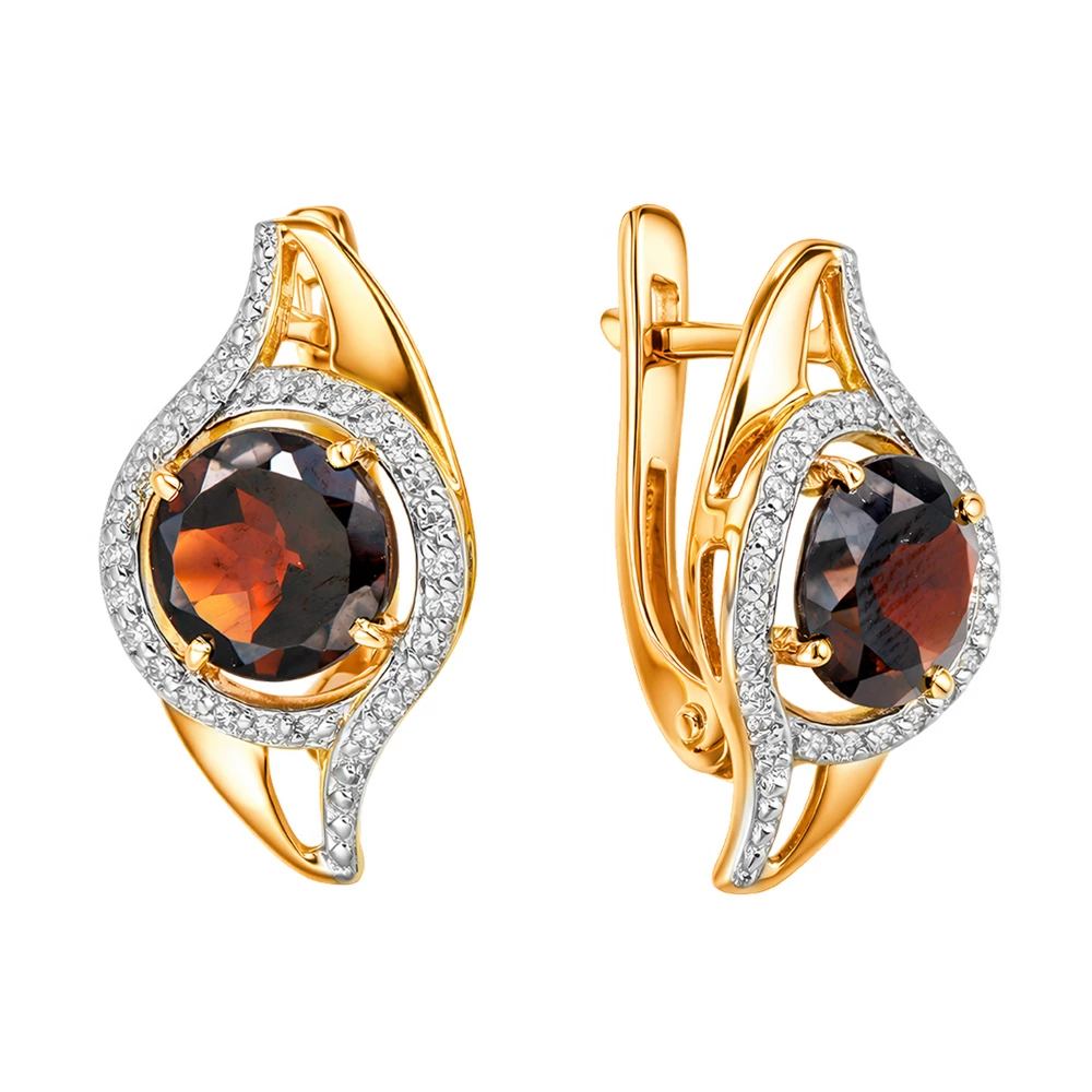 Серьги с гранатами и бриллиантами из красного золота 585 пробы