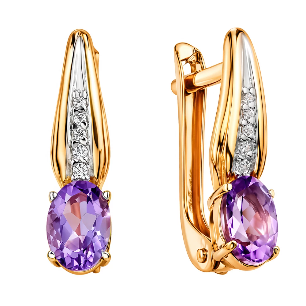 Серьги с аметистами и фианитами из красного золота 585 пробы