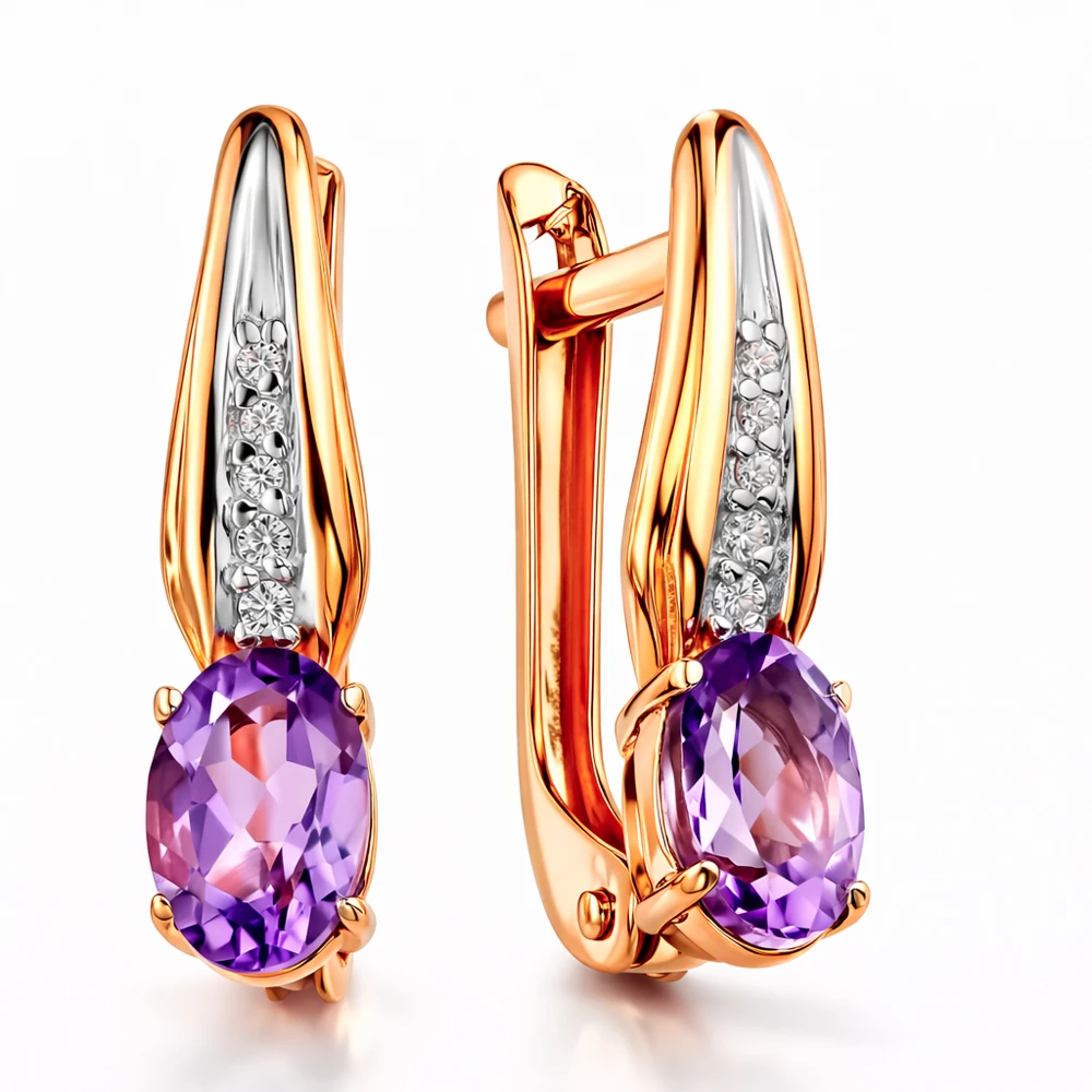 Серьги с аметистами и фианитами из красного золота 585 пробы