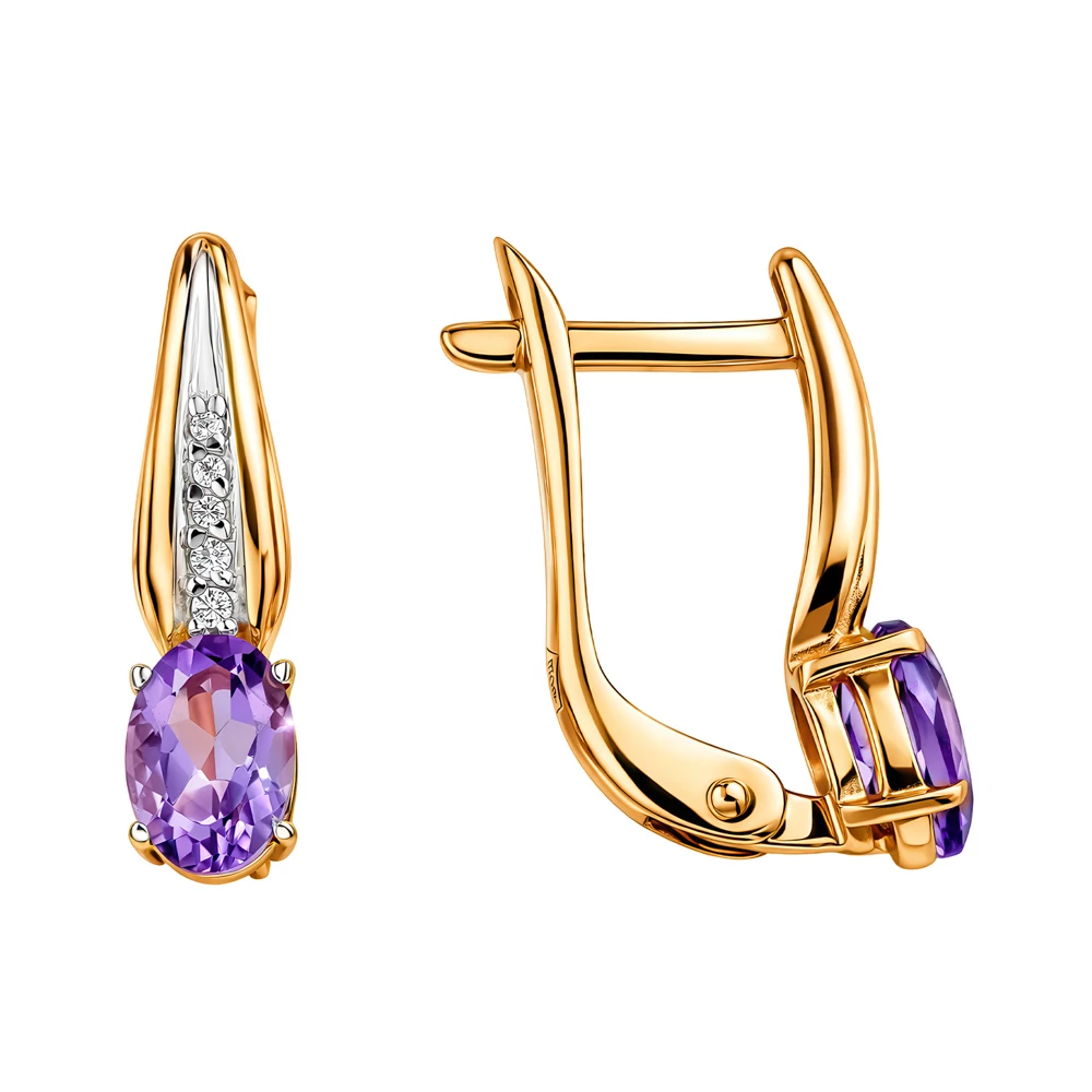 Серьги с аметистами и фианитами из красного золота 585 пробы