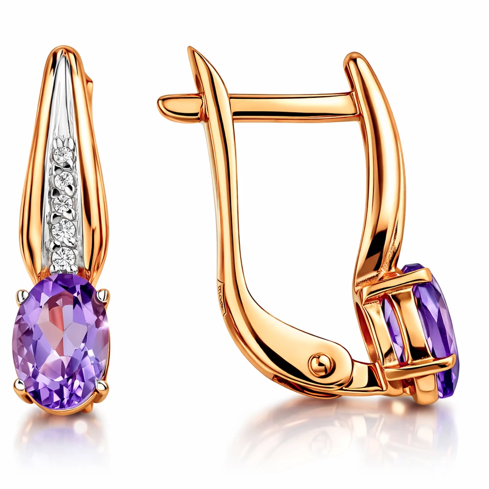 Серьги с аметистами и фианитами из красного золота 585 пробы