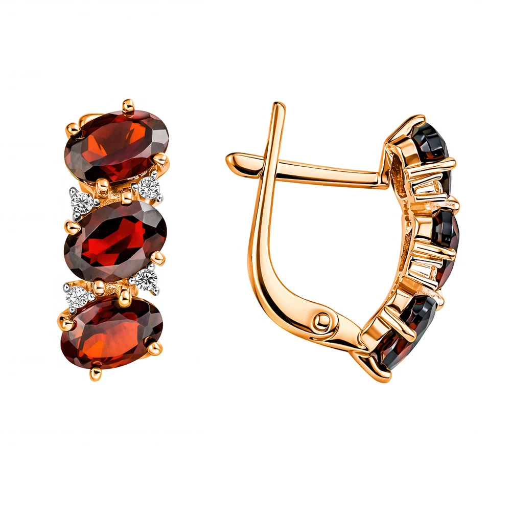 Серьги с гранатами и фианитами из красного золота 585 пробы