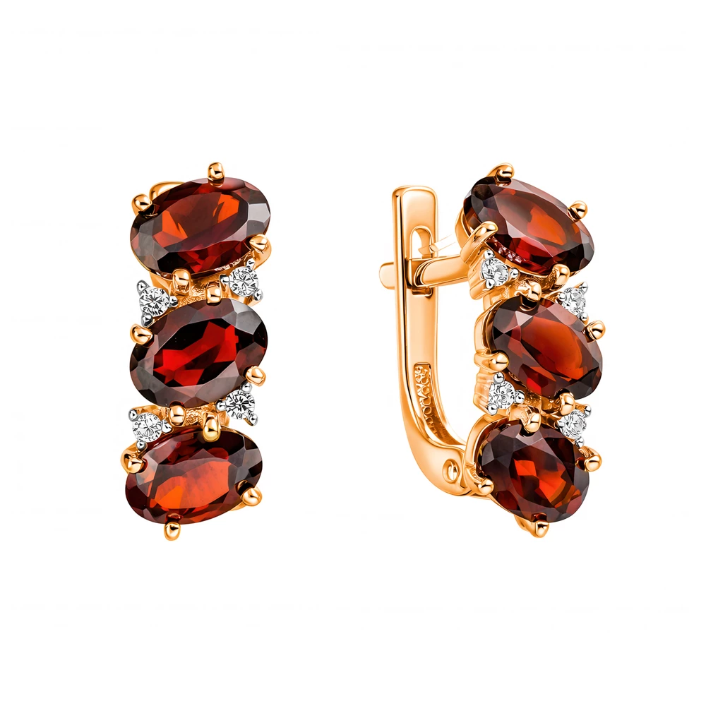 Серьги с гранатами и фианитами из красного золота 585 пробы