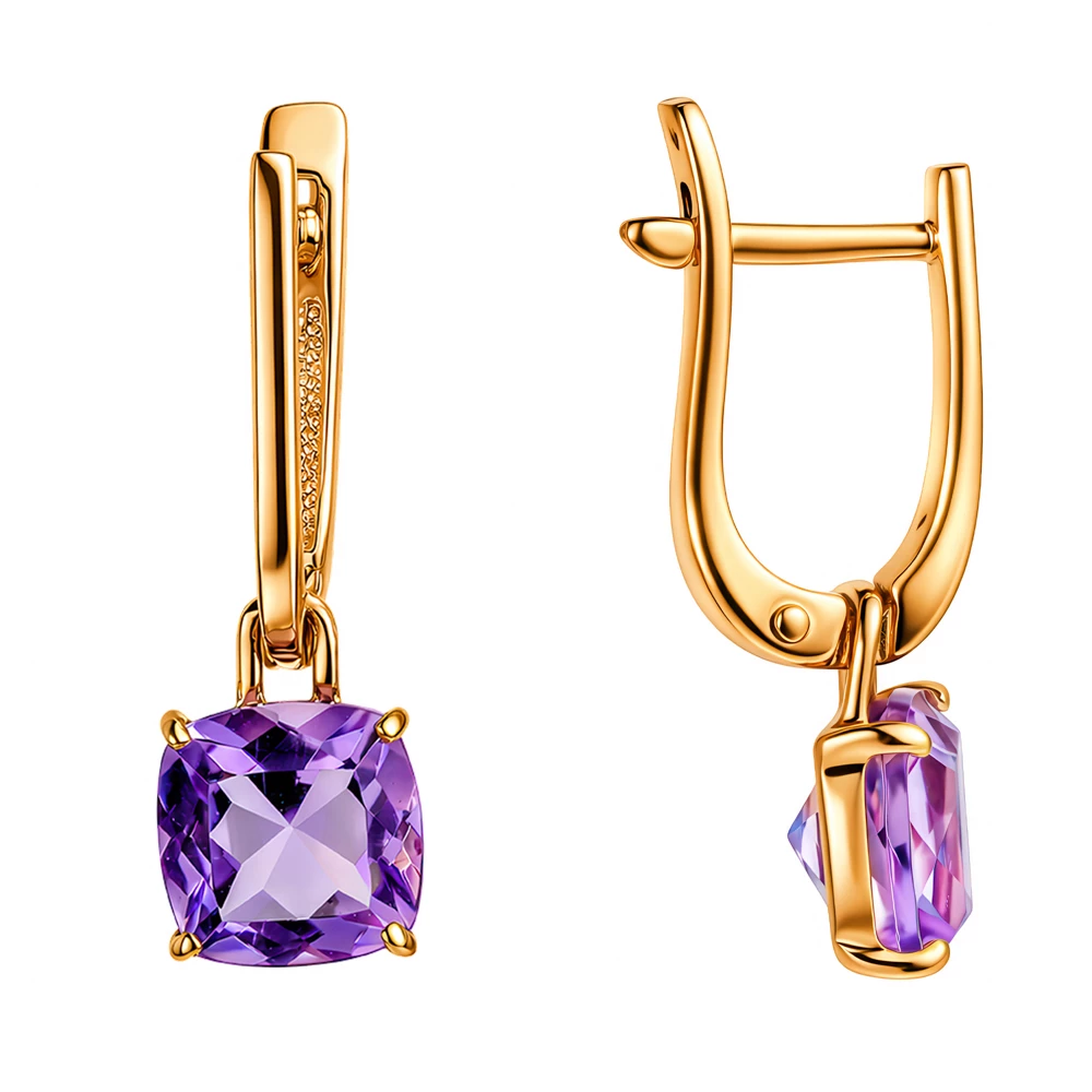 Серьги с аметистами из красного золота 585 пробы