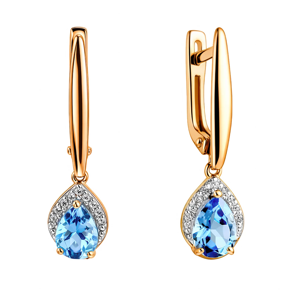 Серьги с топазами и фианитами из красного золота 375 пробы