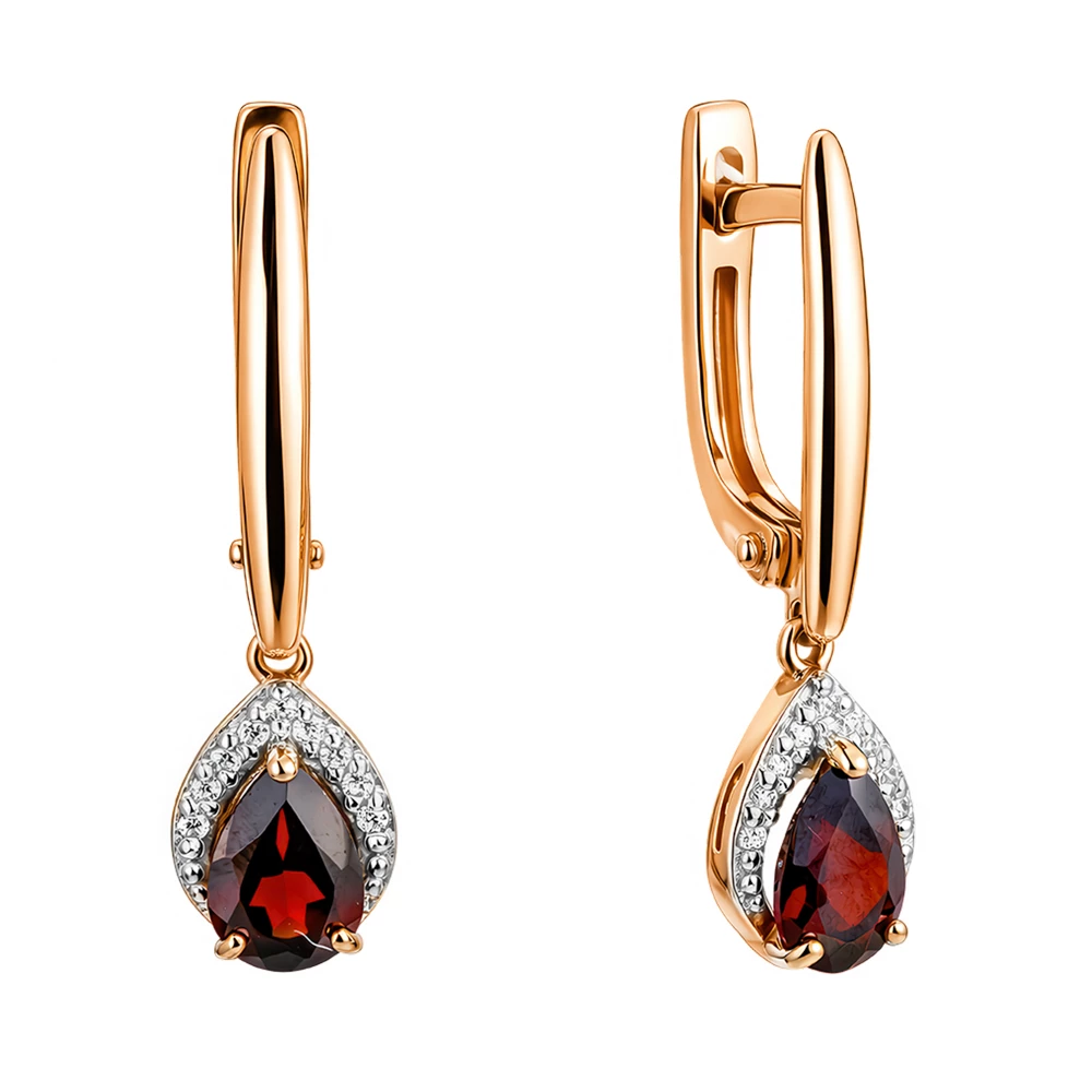 Серьги с гранатами и фианитами из красного золота 375 пробы