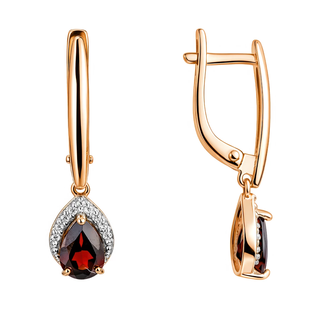 Серьги с гранатами и фианитами из красного золота 375 пробы