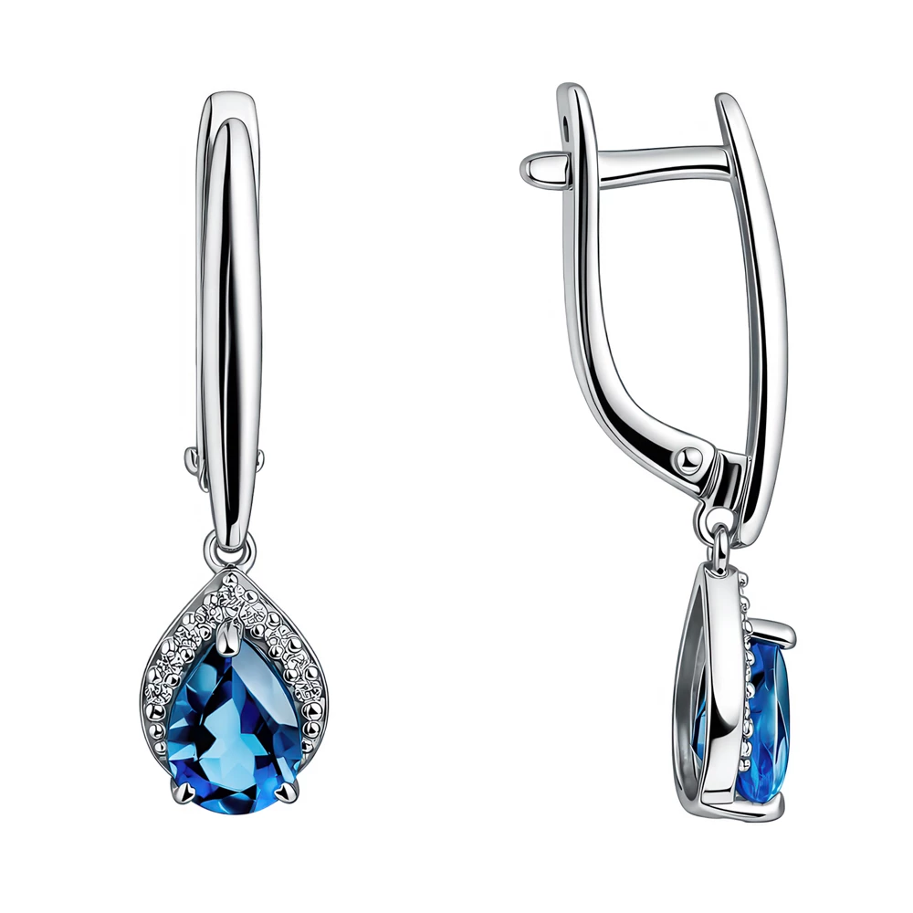 Серьги с топазом лондон и фианитами из белого золота 585 пробы