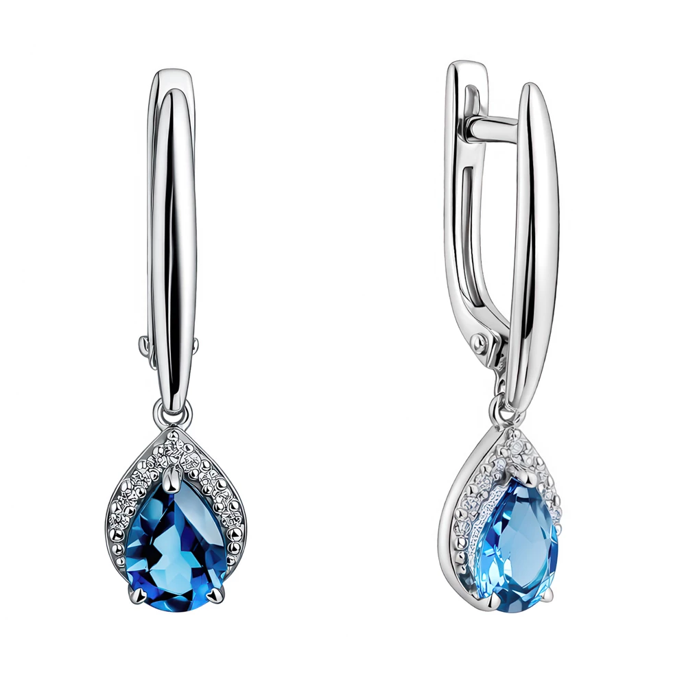 Серьги с топазом лондон и фианитами из белого золота 585 пробы