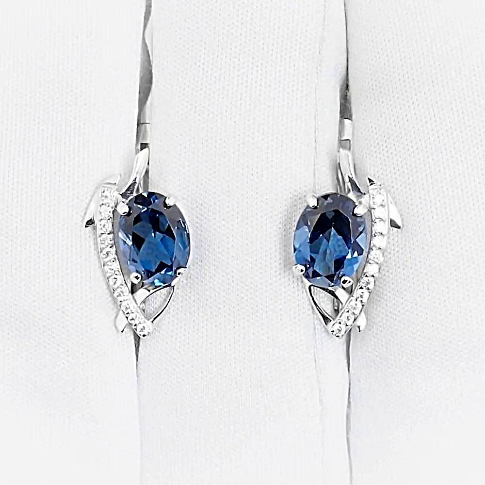 Серьги с топазом лондон и фианитами из белого золота 585 пробы