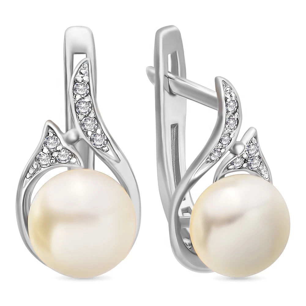 Серьги с культивированным жемчугом и бриллиантами из белого золота 585 пробы