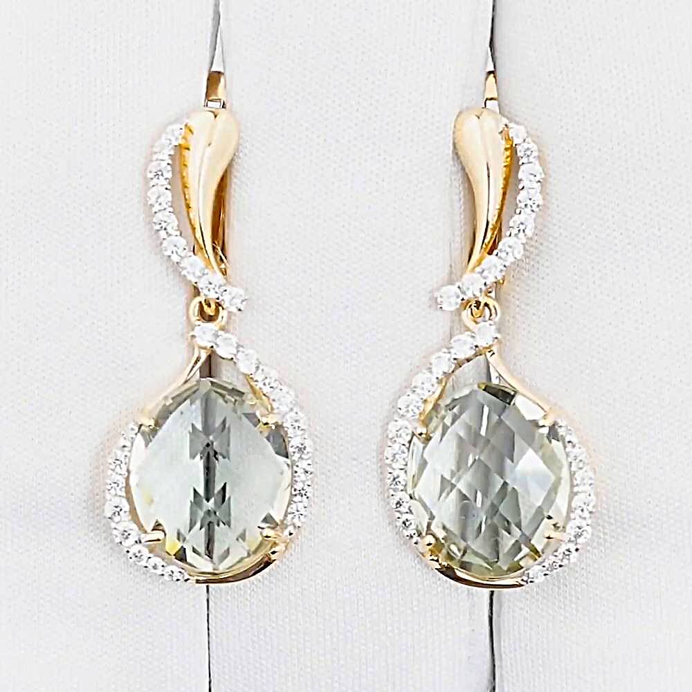 Серьги с празиолитами и фианитами из красного золота 585 пробы