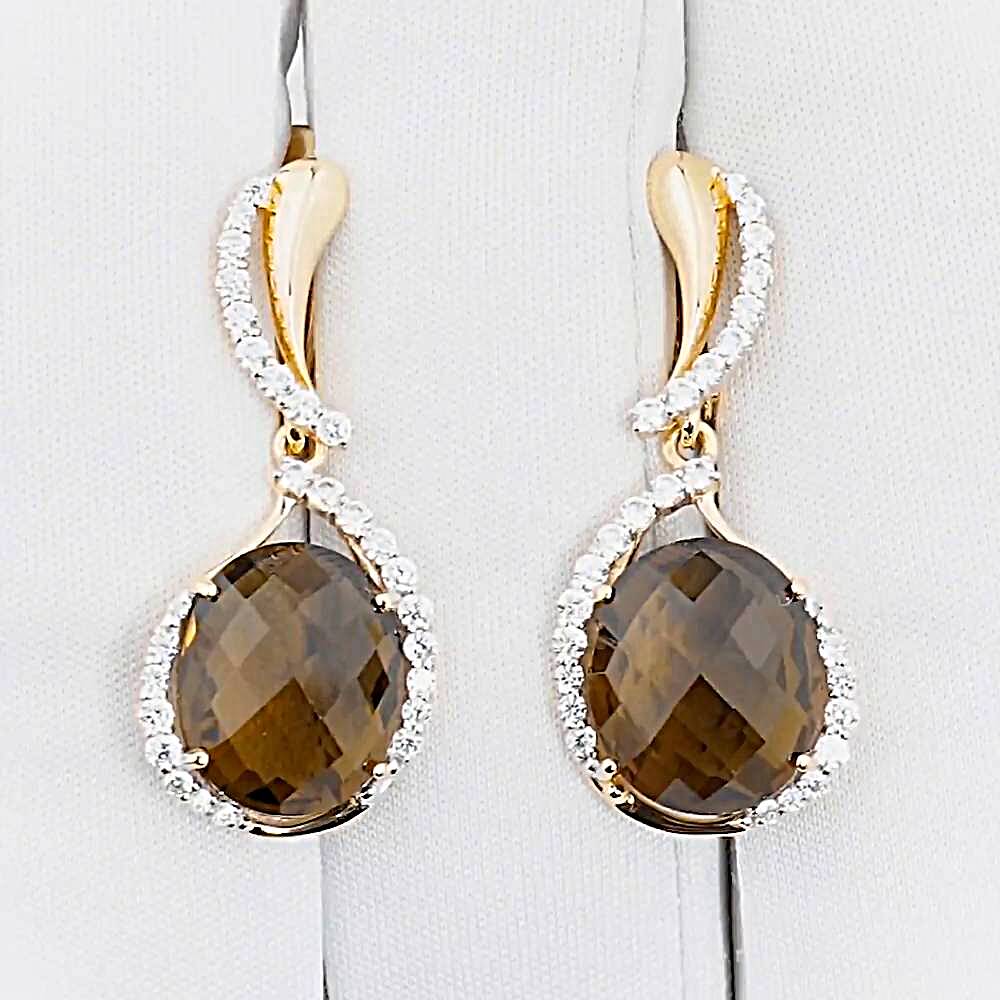 Серьги с раух-топазами и фианитами из красного золота 585 пробы