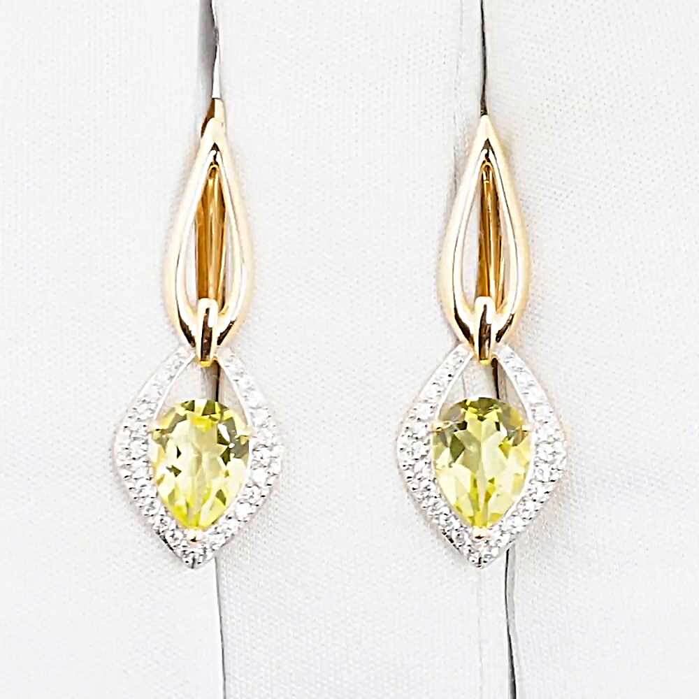 Серьги с кварцем и фианитами из красного золота 585 пробы