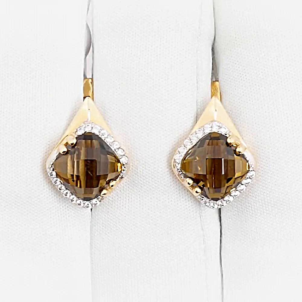 Серьги с раух-топазами и фианитами из красного золота 585 пробы