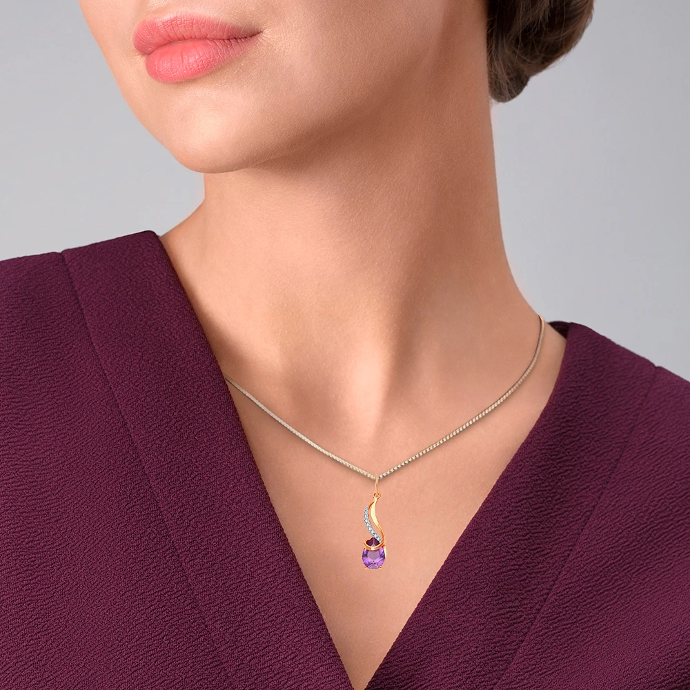 Подвес с александритом синтетическим и фианитами из красного золота 585 пробы