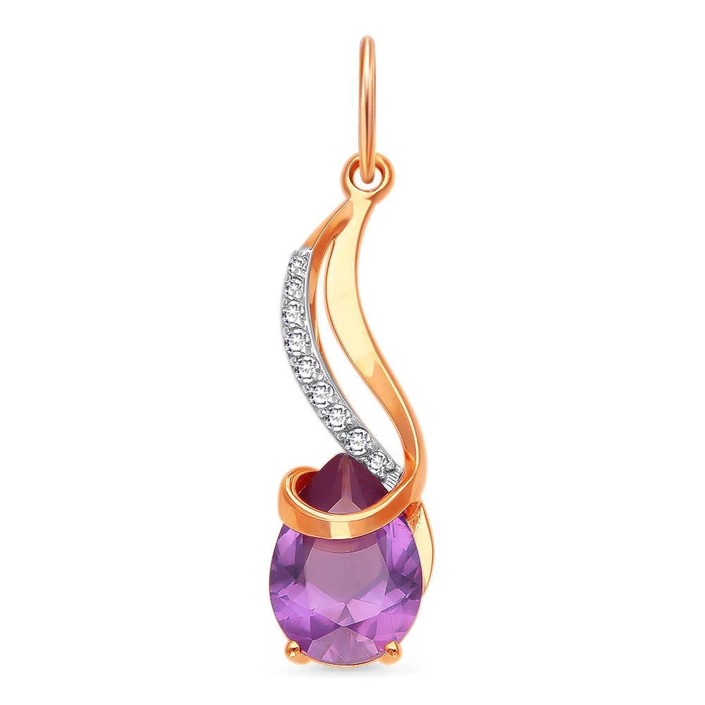 Подвес с александритом синтетическим и фианитами из красного золота 585 пробы