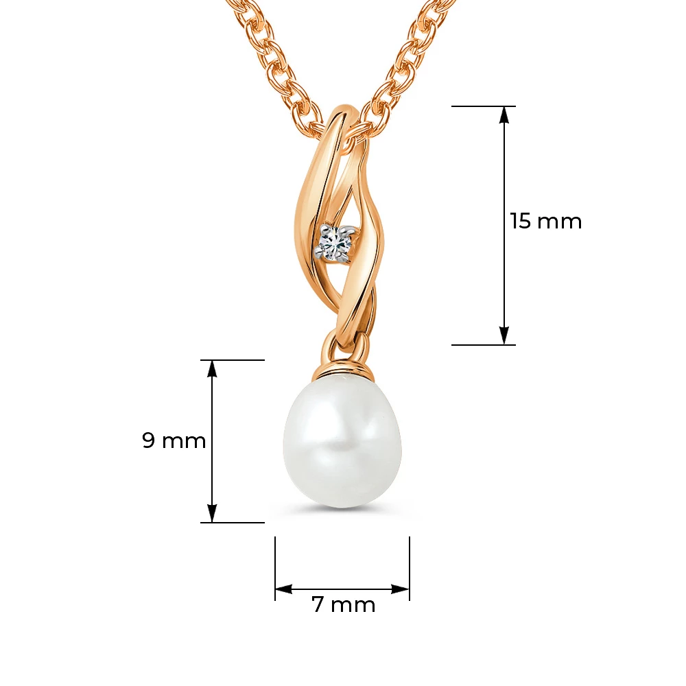 Подвес с культивированным жемчугом и фианитом из красного золота 585 пробы