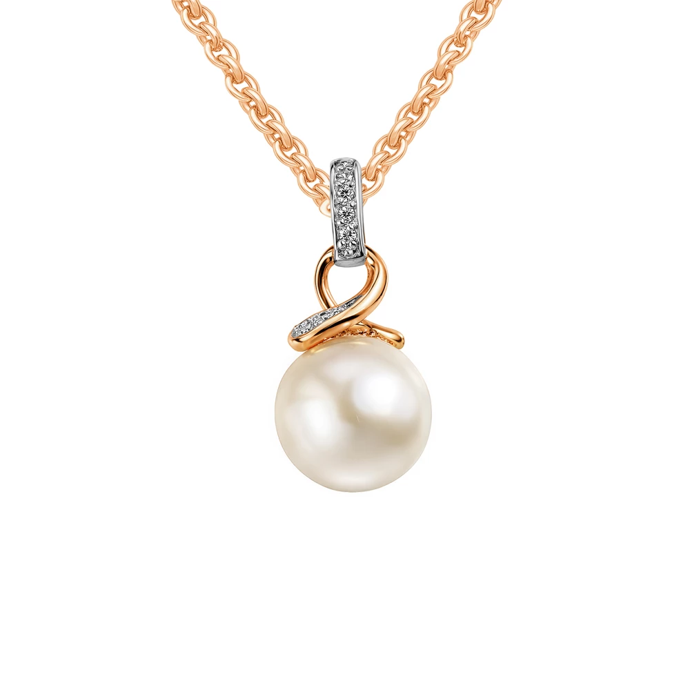Подвес с культивированным жемчугом и фианитами из красного золота 375 пробы
