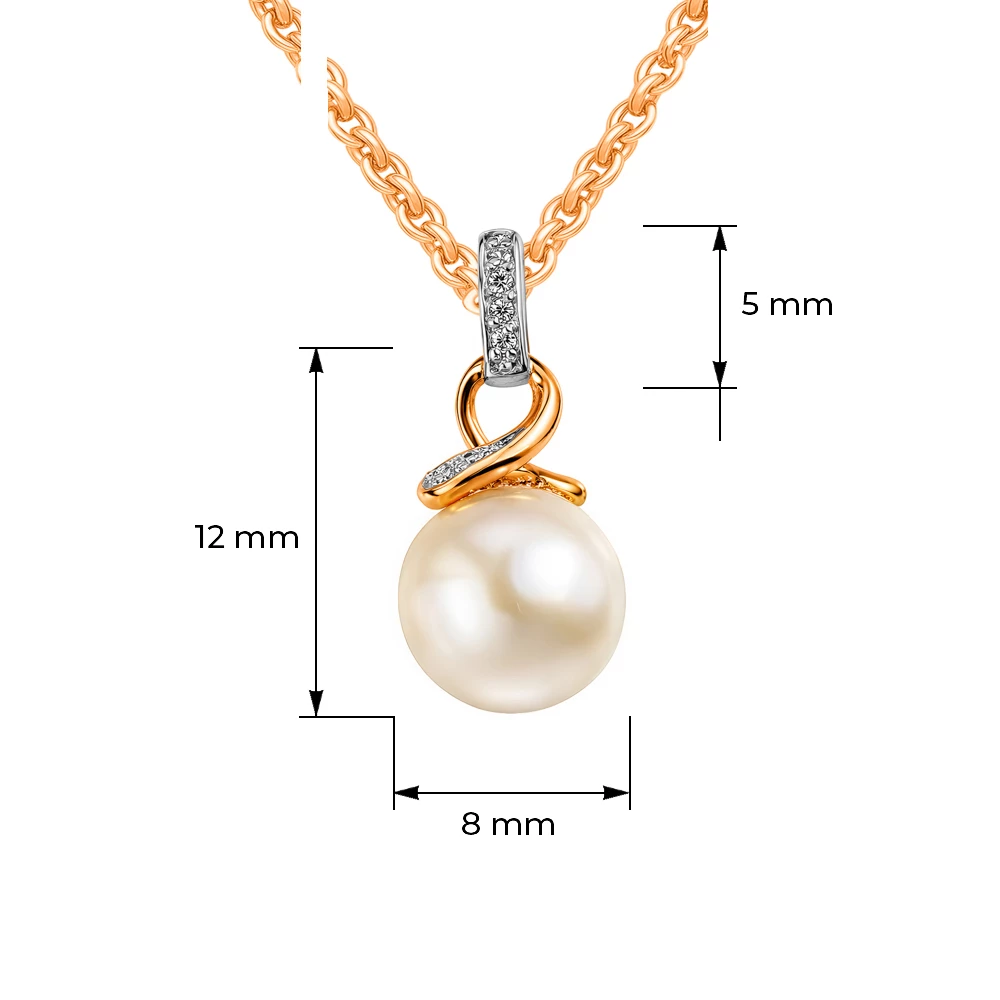 Подвес с культивированным жемчугом и фианитами из красного золота 375 пробы