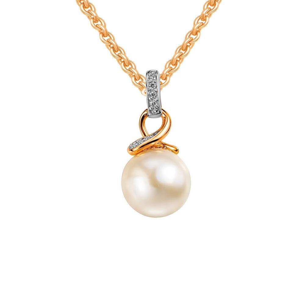 Подвес с культивированным жемчугом и фианитами из красного золота 375 пробы