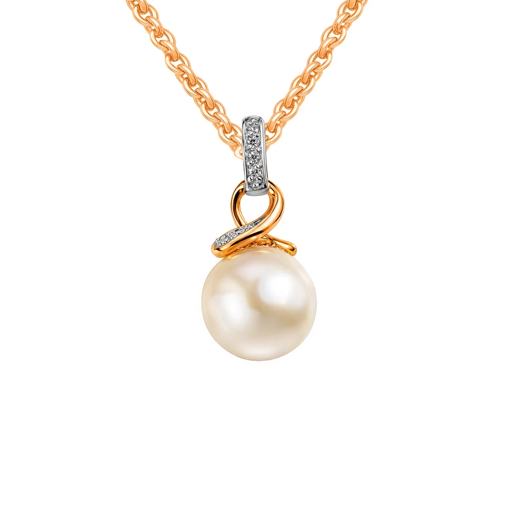 Подвес с культивированным жемчугом и фианитами из красного золота 375 пробы
