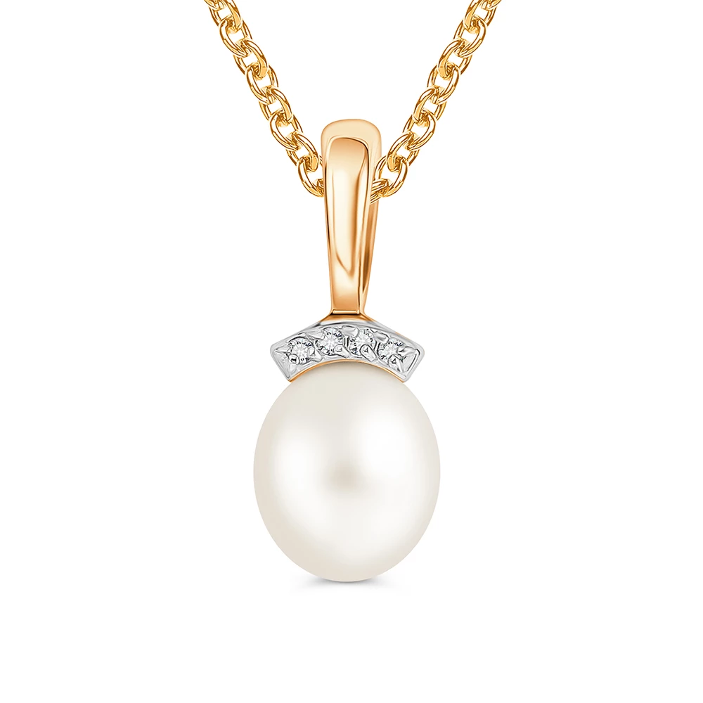 Подвес с культивированным жемчугом и фианитами из красного золота 375 пробы Подвес с культивированным жемчугом и фианитами из красного золота 375 пробы