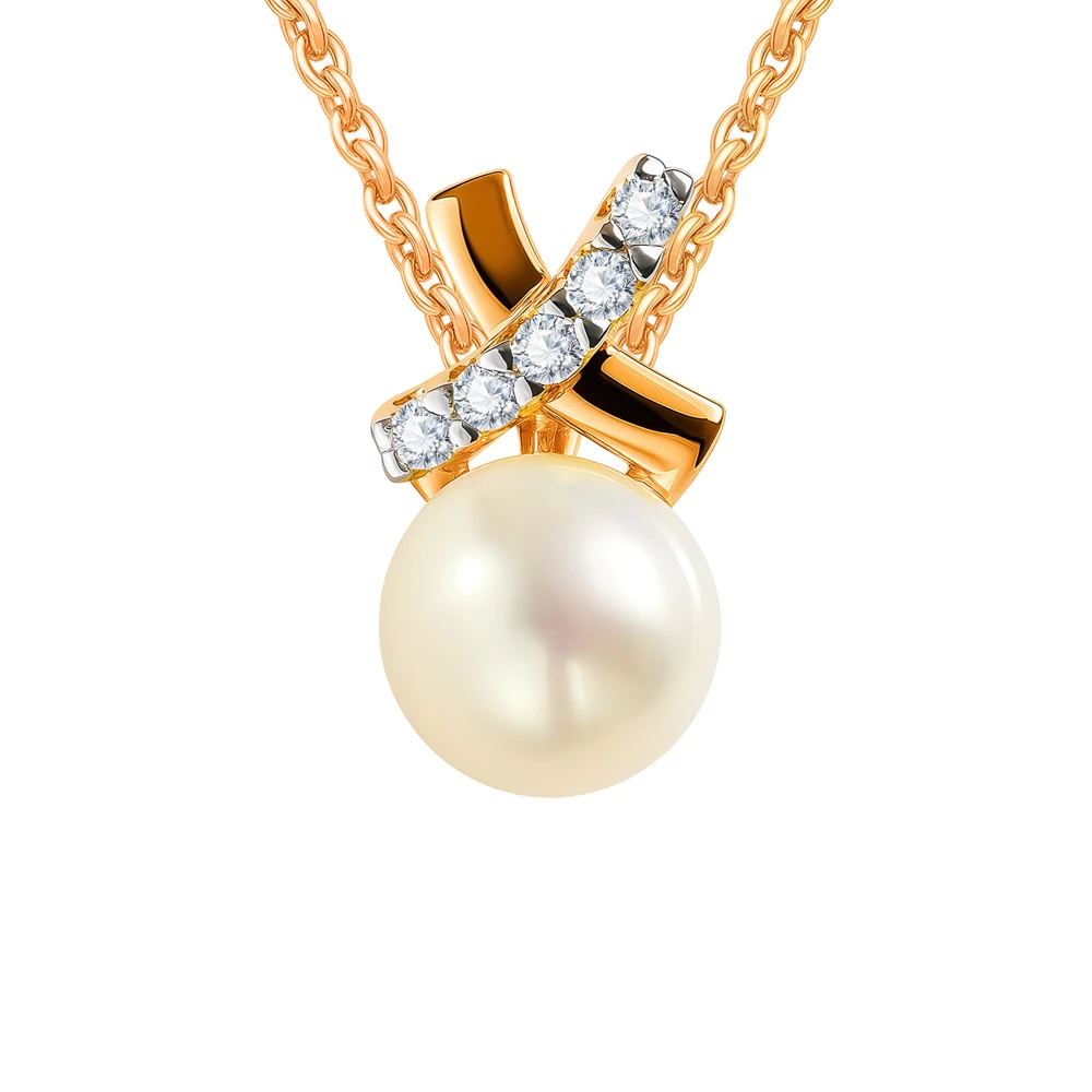 Подвес с культивированным жемчугом и фианитами из красного золота 585 пробы Подвес с культивированным жемчугом и фианитами из красного золота 585 пробы