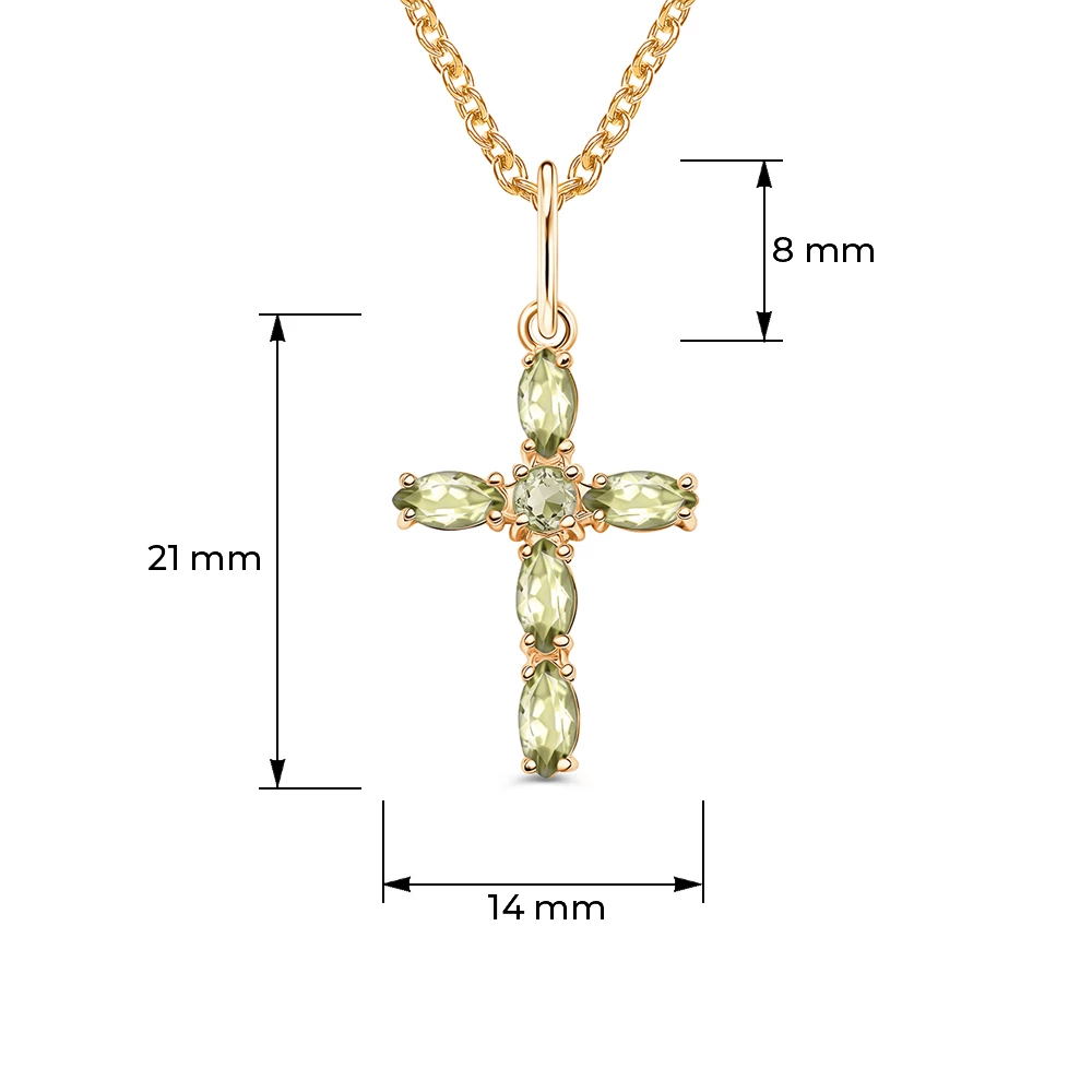 Крестик с хризолитами из красного золота 375 пробы