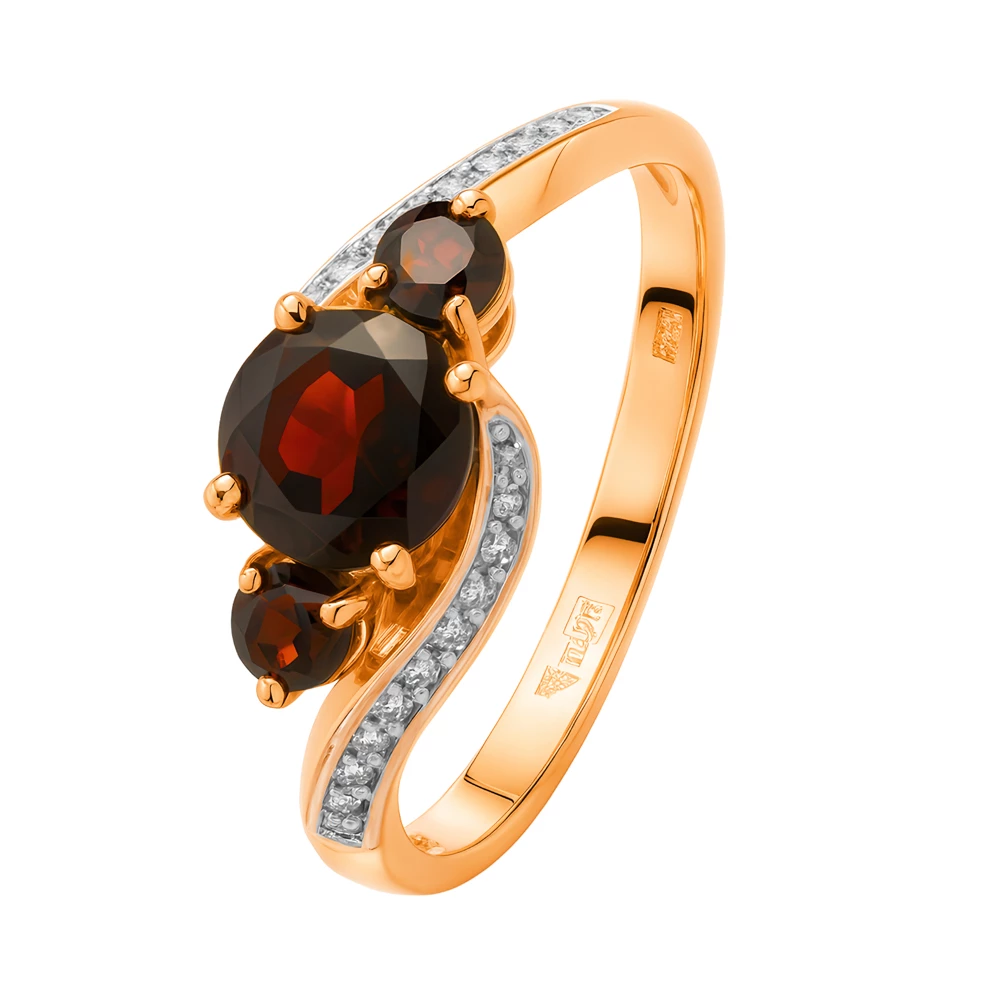 Кольцо с гранатами и фианитами из красного золота 585 пробы