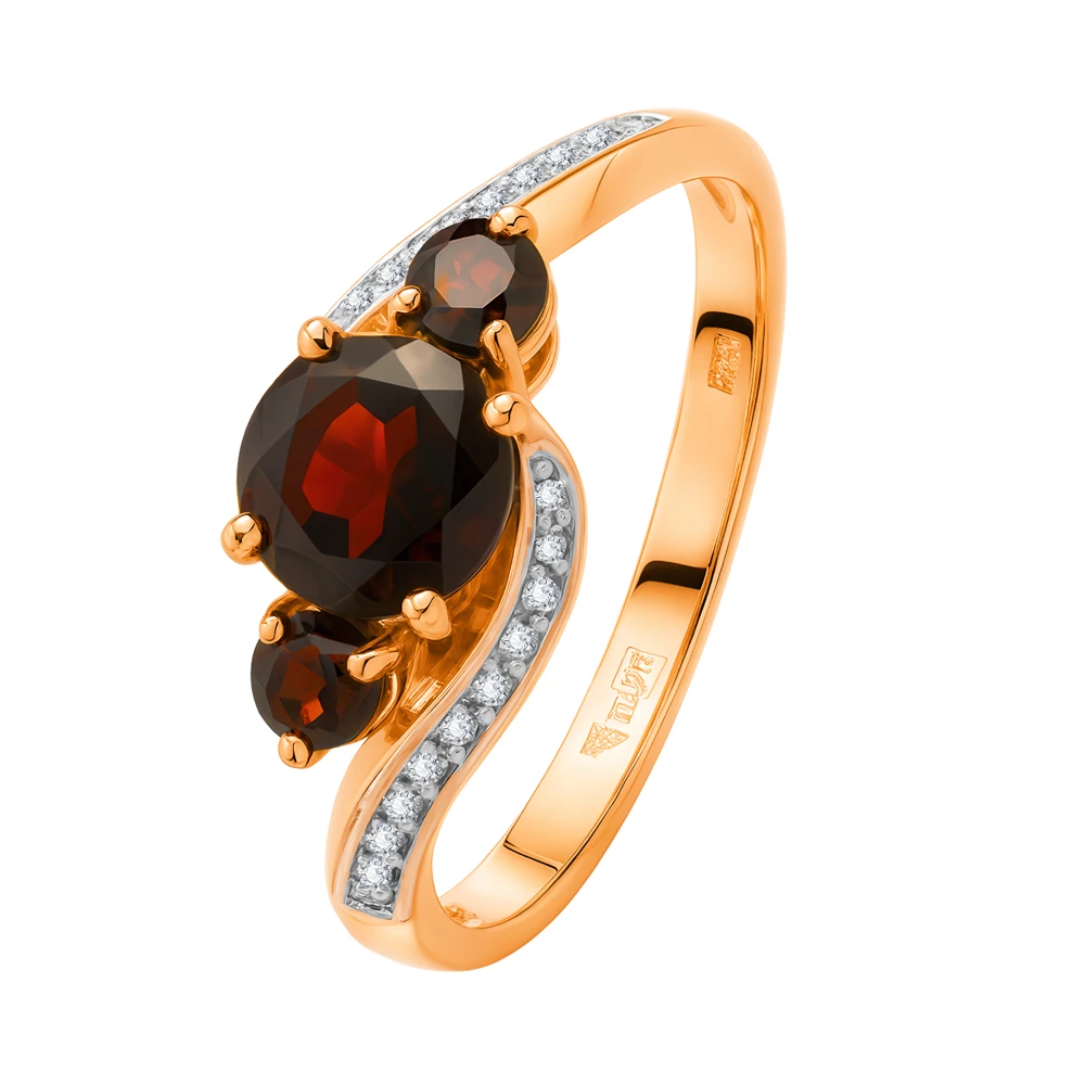 Кольцо с гранатами и фианитами из красного золота 585 пробы