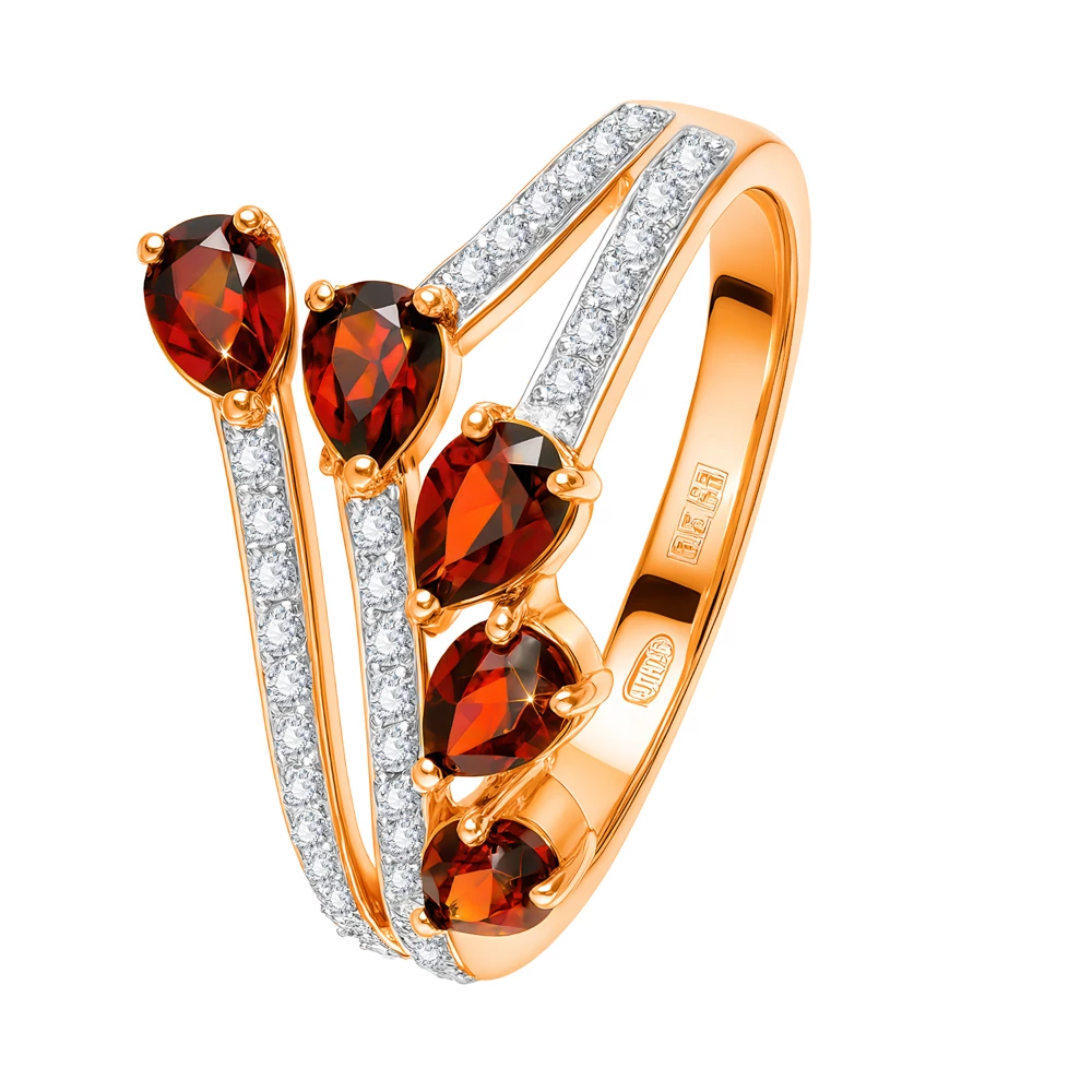 Кольцо с гранатами и фианитами из красного золота 585 пробы