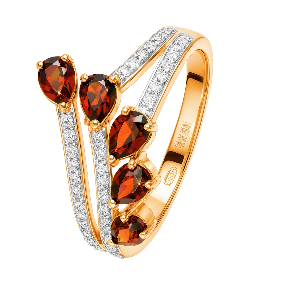 Кольцо с гранатами и фианитами из красного золота 585 пробы