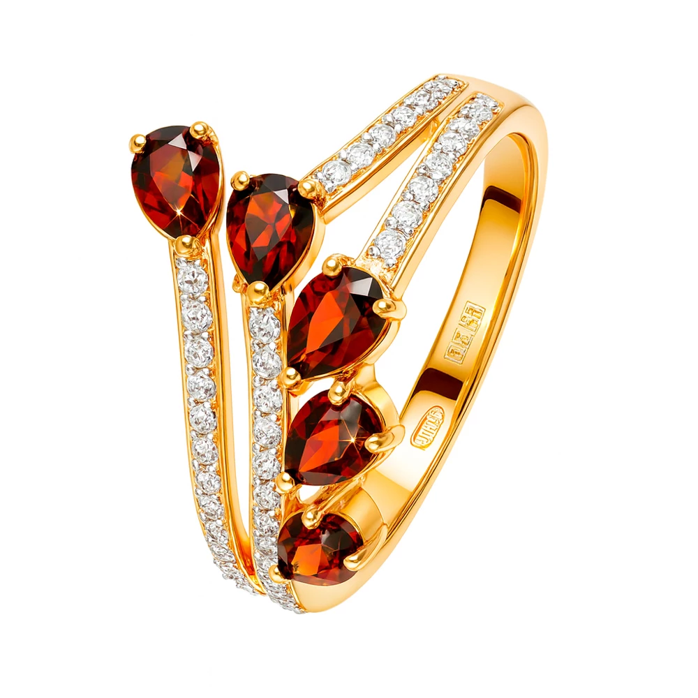 Кольцо с гранатами и фианитами из красного золота 585 пробы