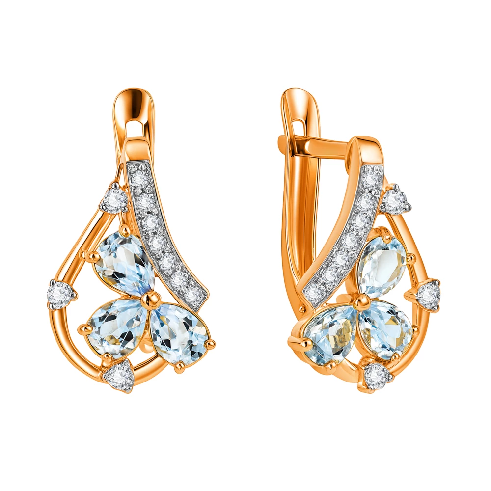 Серьги с топазами и фианитами из красного золота 585 пробы