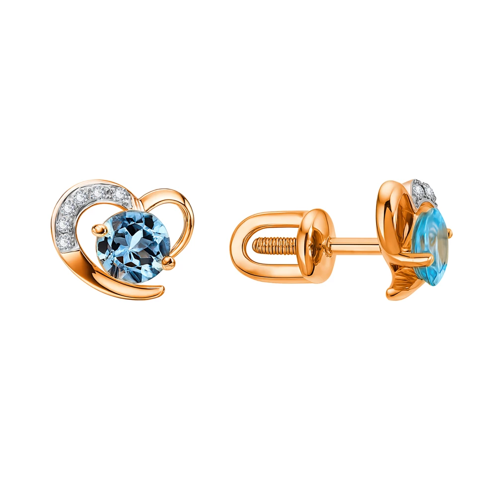 Серьги с топазами и фианитами из красного золота 585 пробы