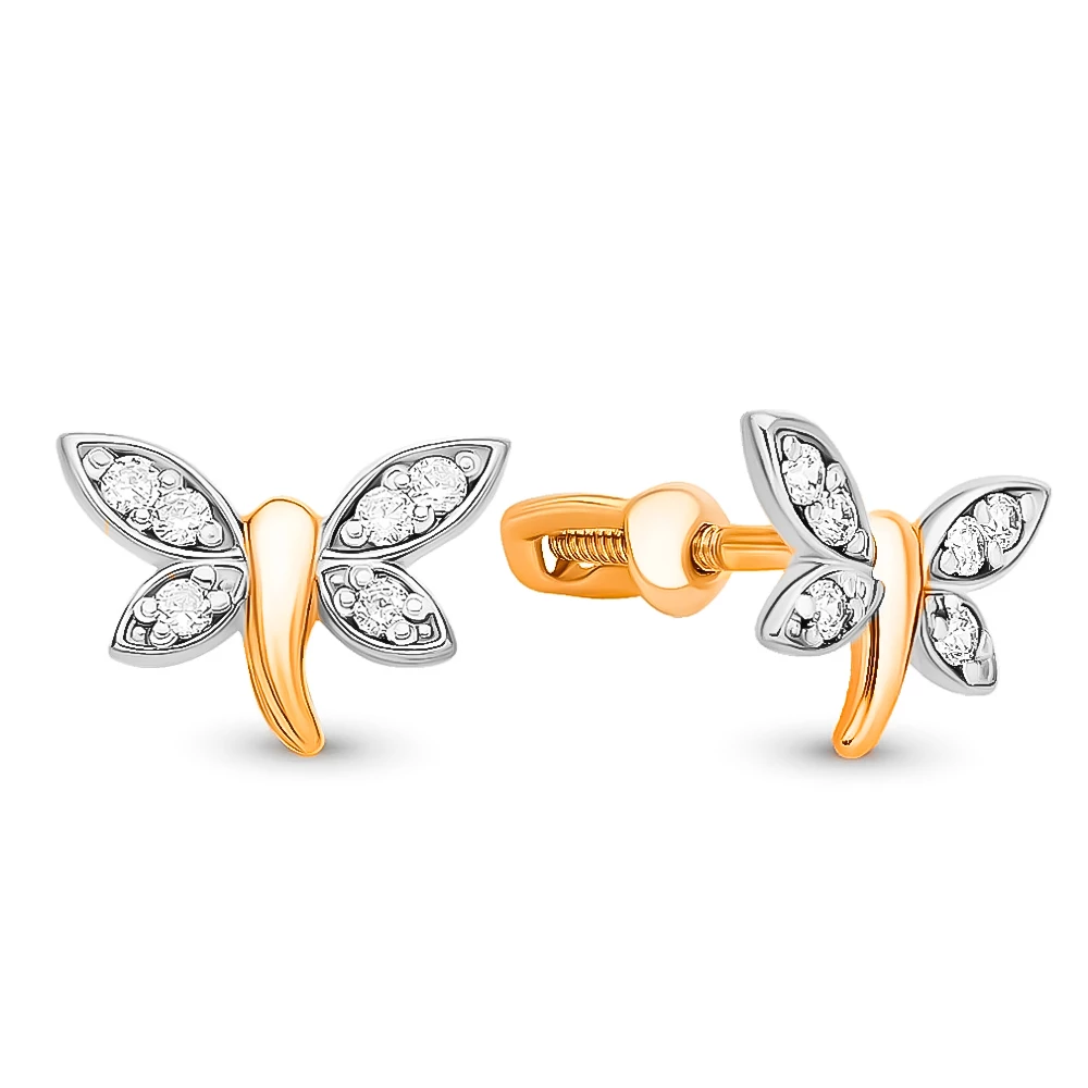 Серьги  Бабочка с фианитами из красного золота 585 пробы 1