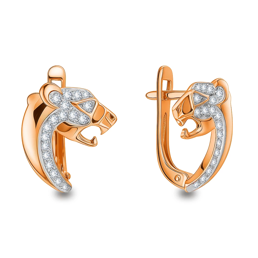 Серьги  Леопард с фианитами из красного золота 585 пробы