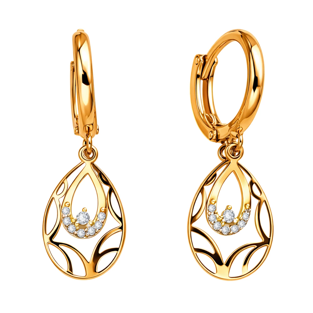 Серьги с фианитами из красного золота 585 пробы