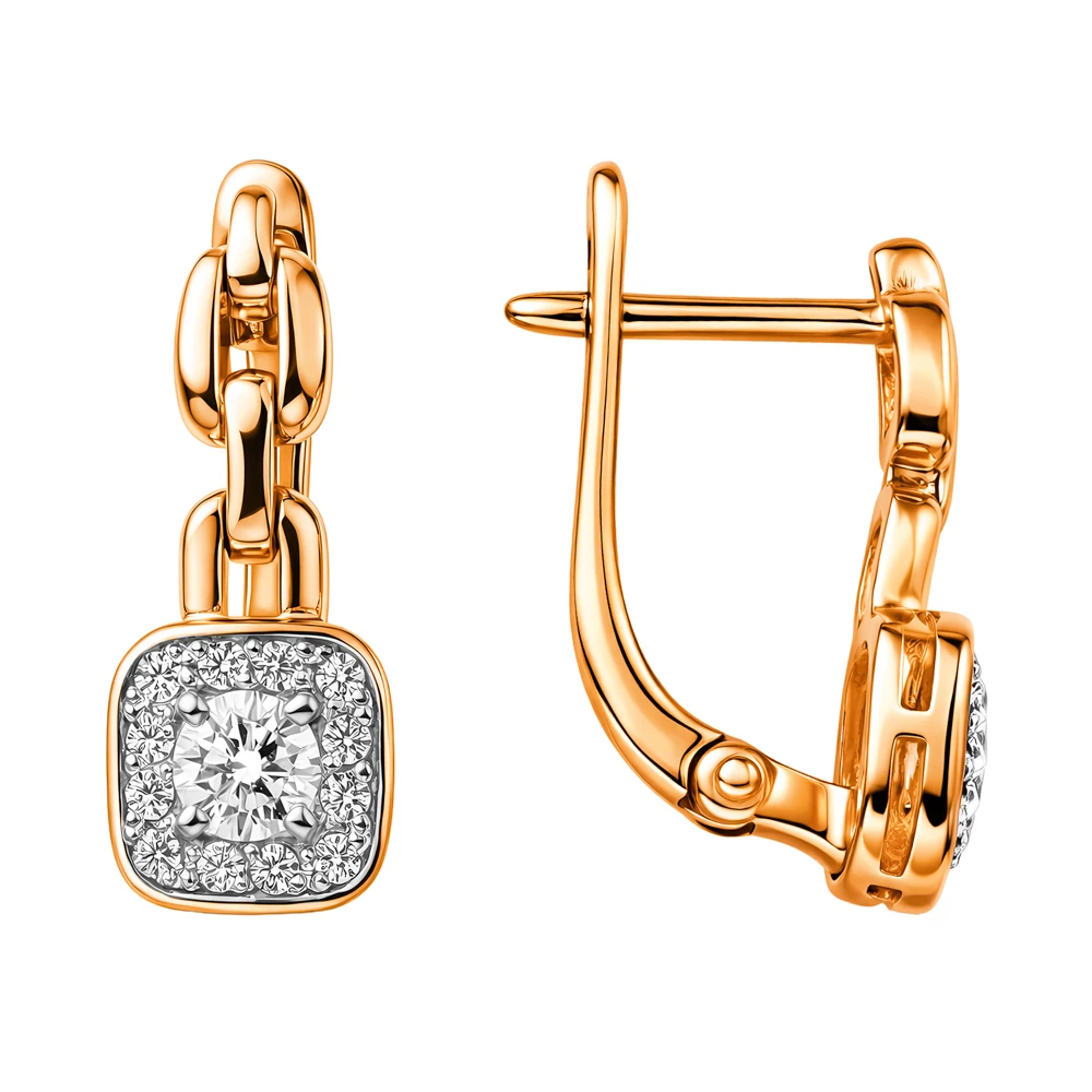 Серьги с фианитами из красного золота 585 пробы