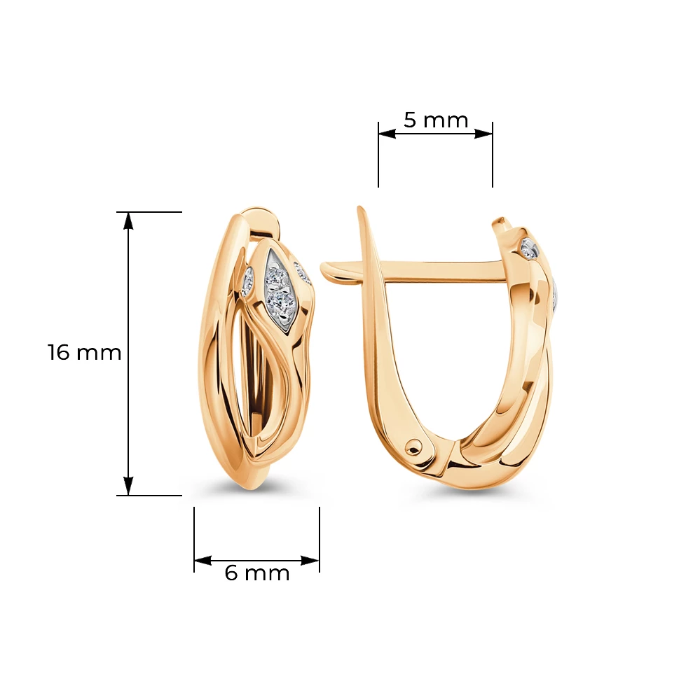 Серьги  Змея с фианитами из красного золота 585 пробы